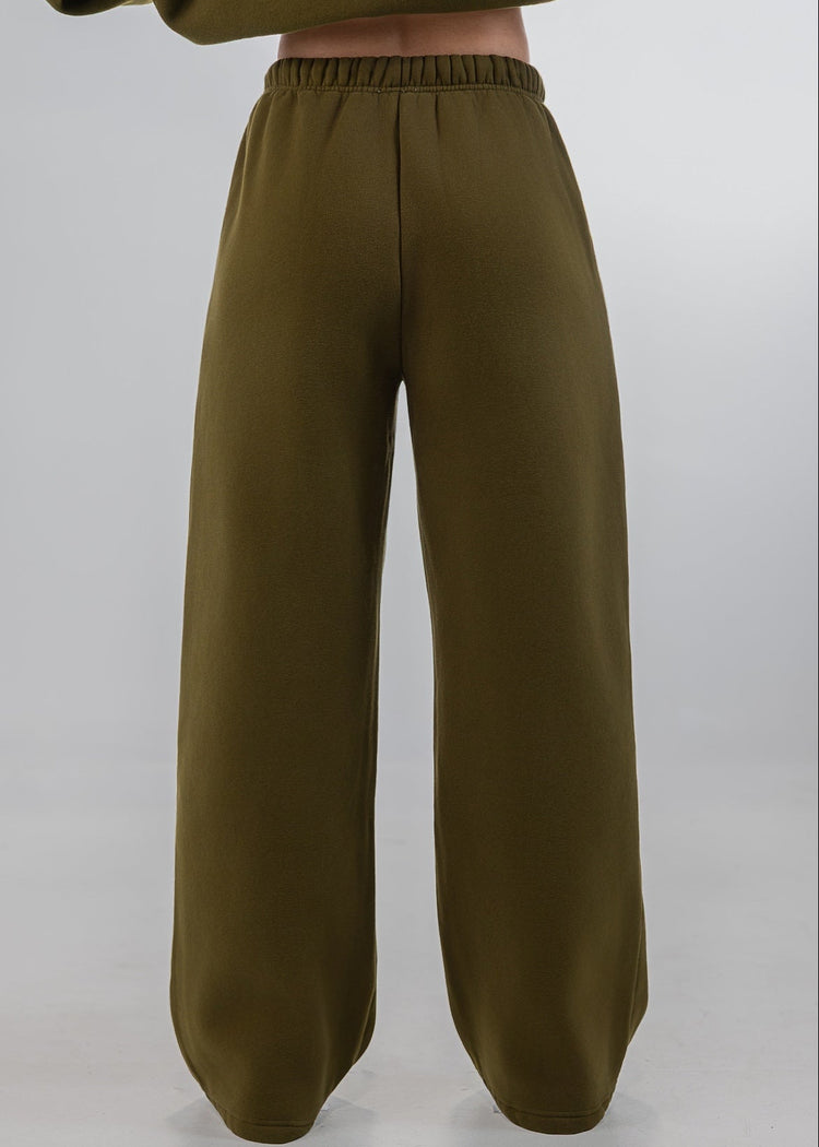 Olive green wide-leg sweatpants with an elastic waistband, shown on a model from the back against a light gray studio background.