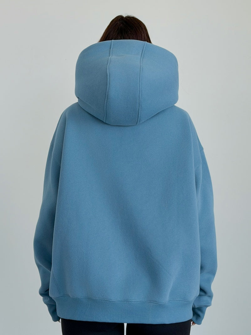 Person wearing a blue hoodie from behind on a plain background