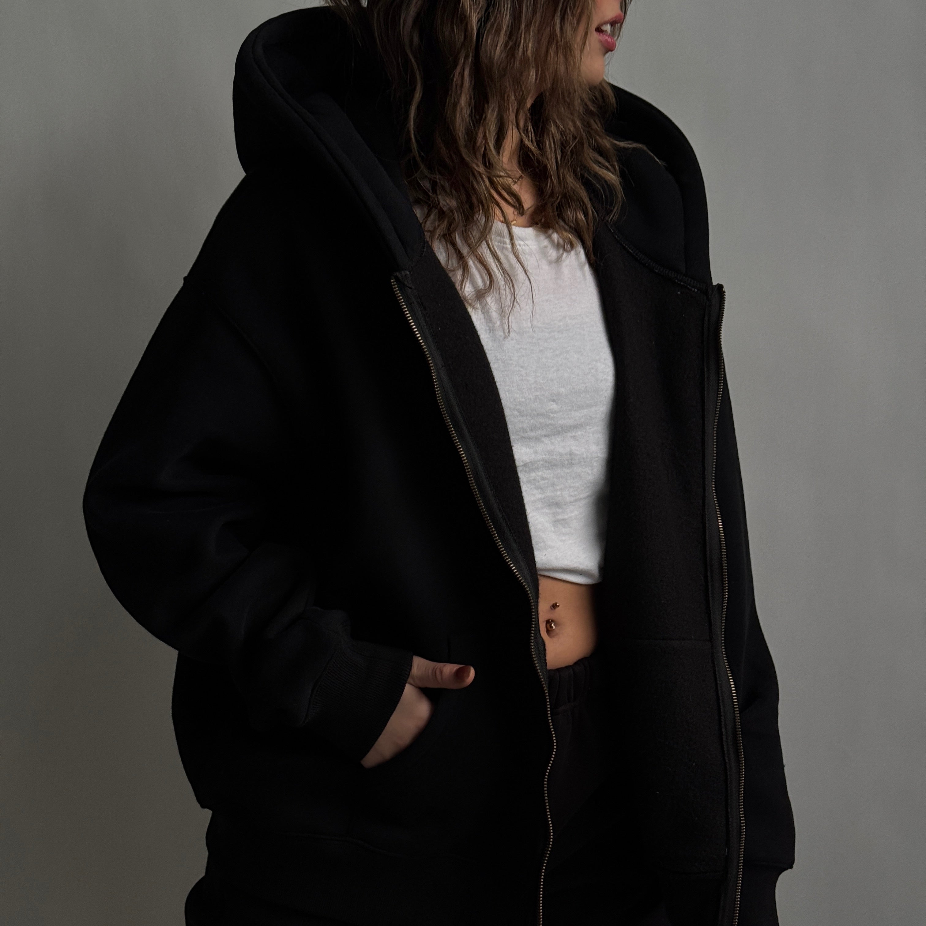 cozy worldwide zip foodie black y2kグランジ COZY FAUX FUR HOODZIP